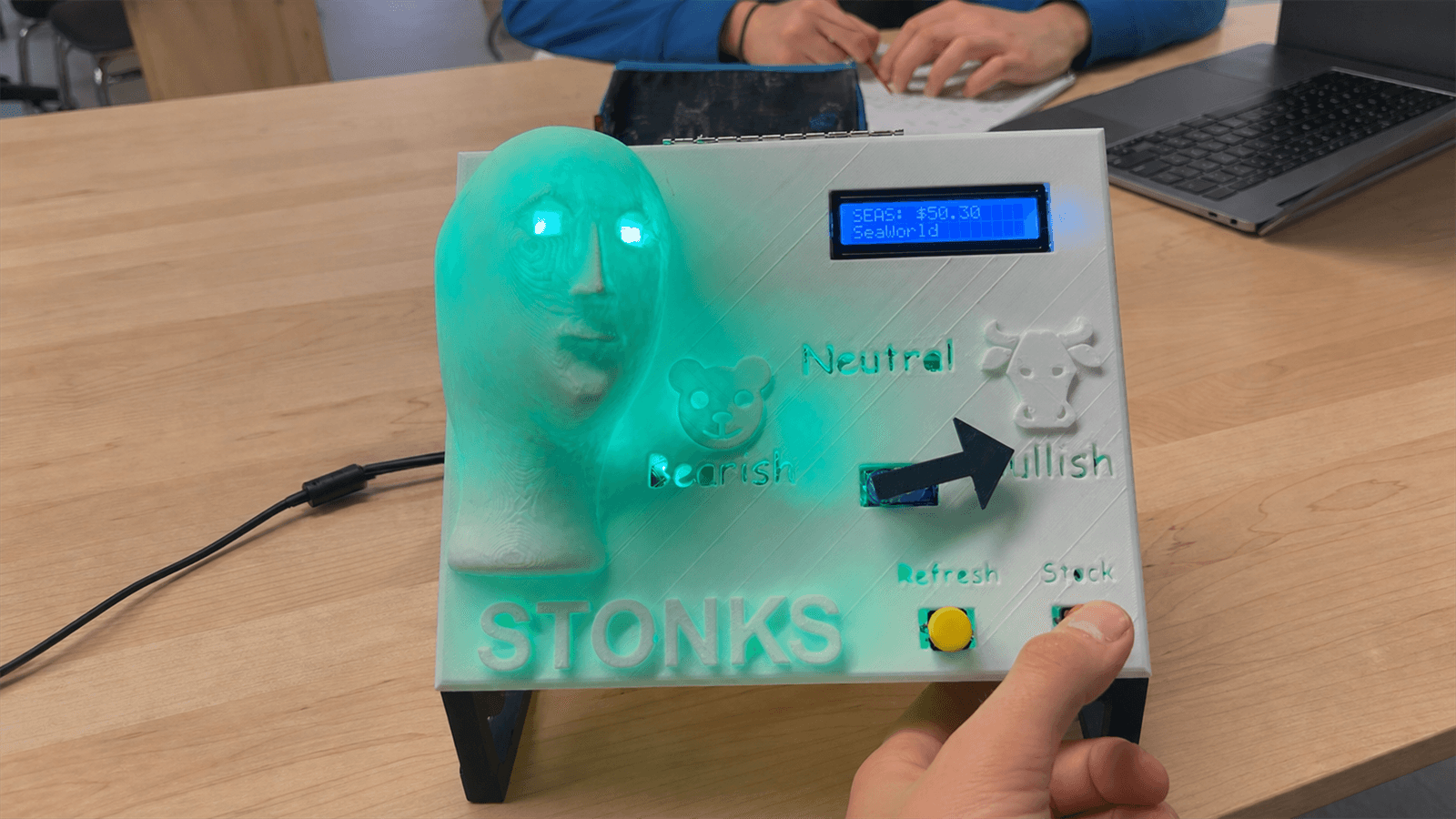 Working market sentiment desk display glowing green in its neutral state